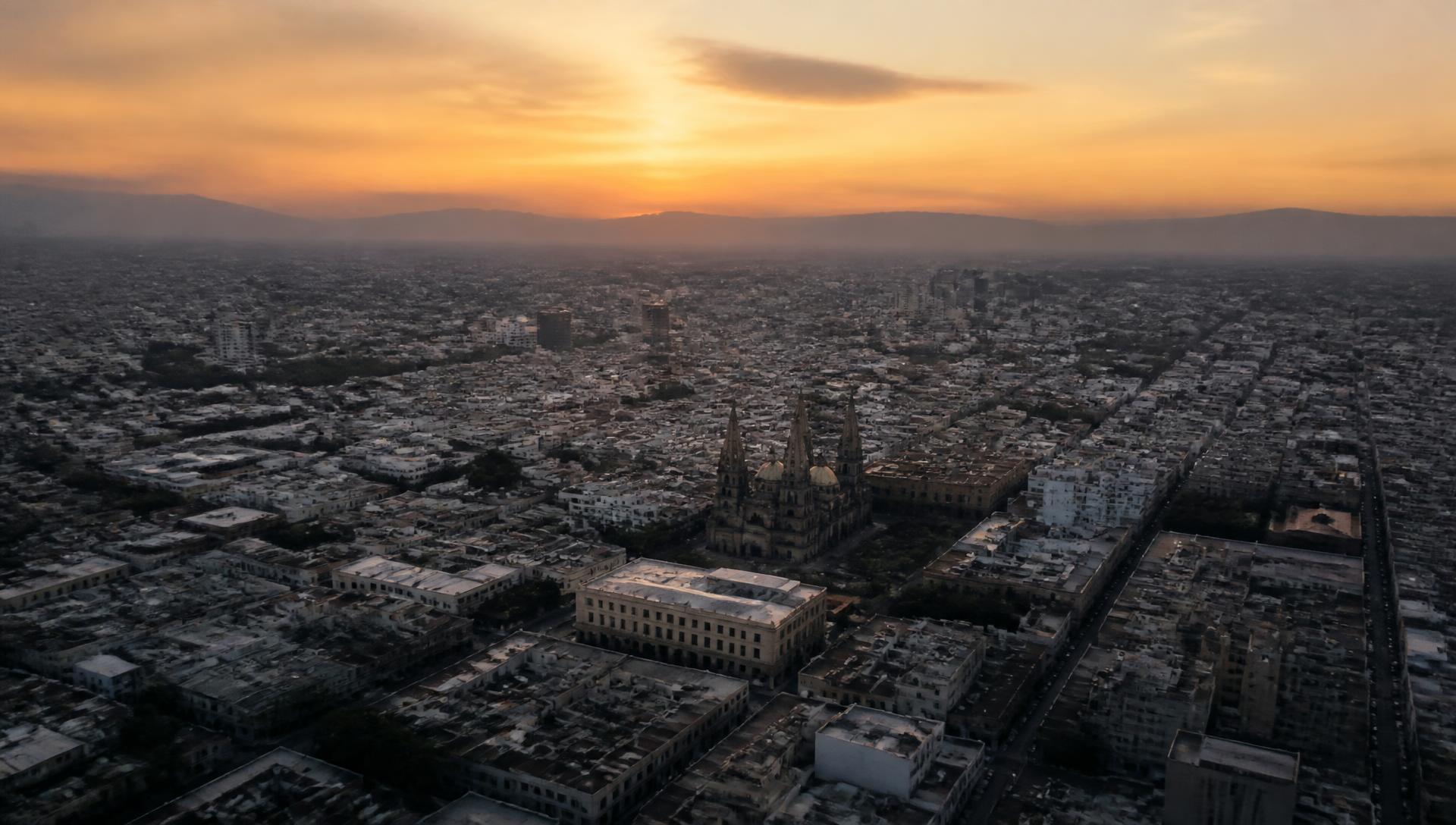 Aerial establishing shot over Guadalajara at dusk