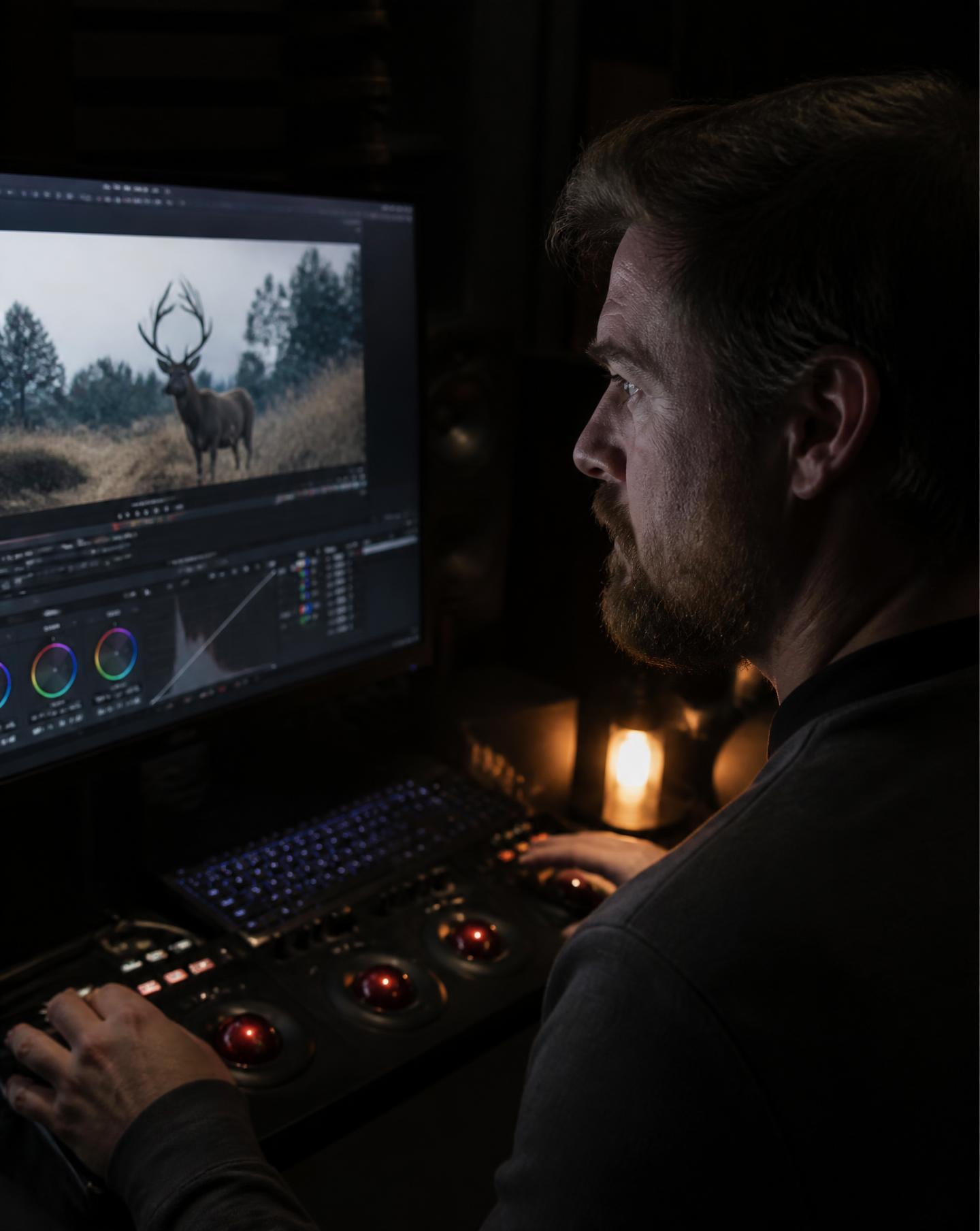 Colorist grading in a dark suite