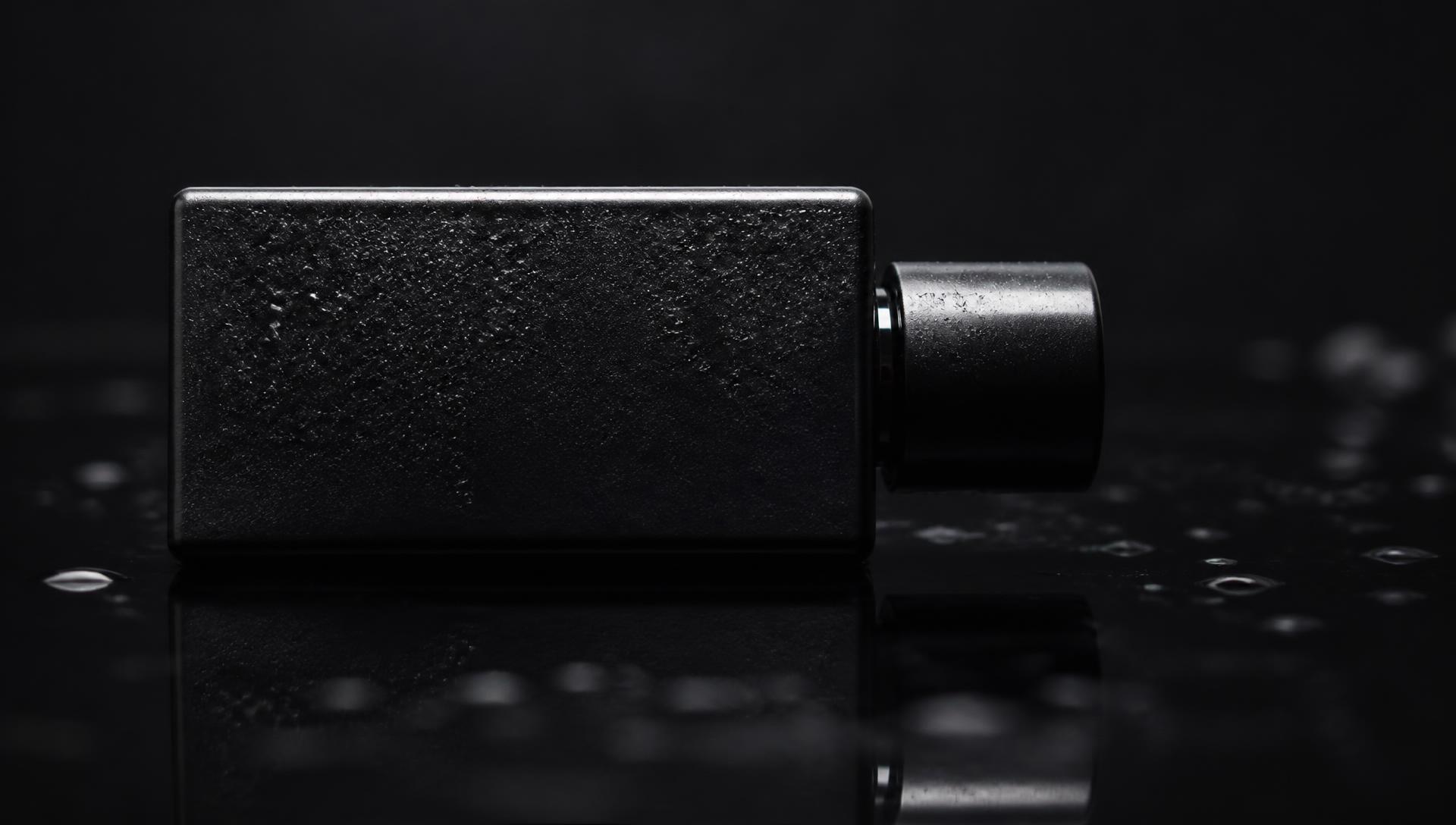 Macro cinematography of an unbranded matte black bottle with hard light