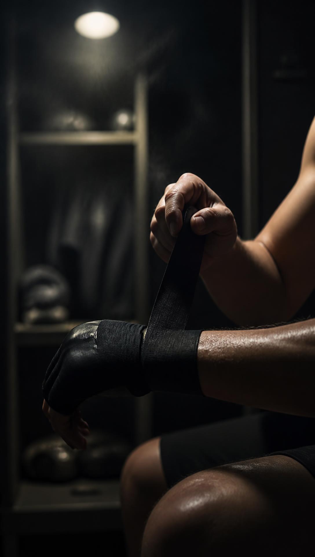 Athlete taping gloves in a dark locker room
